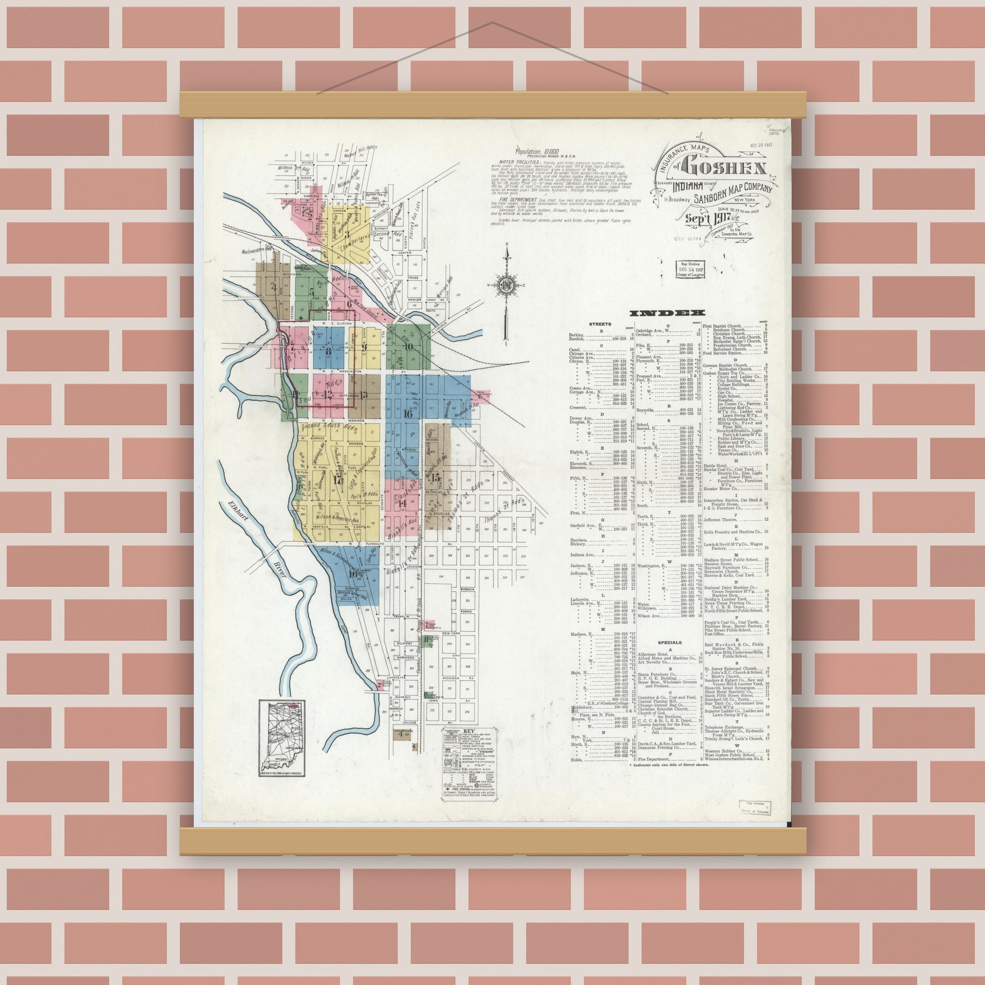 Old map wall art mockup — magnetic wood frame on brick wall — Sanborn Fire Insurance Map from Goshen, Elkhart County, Indiana (1917), Sheet #0001