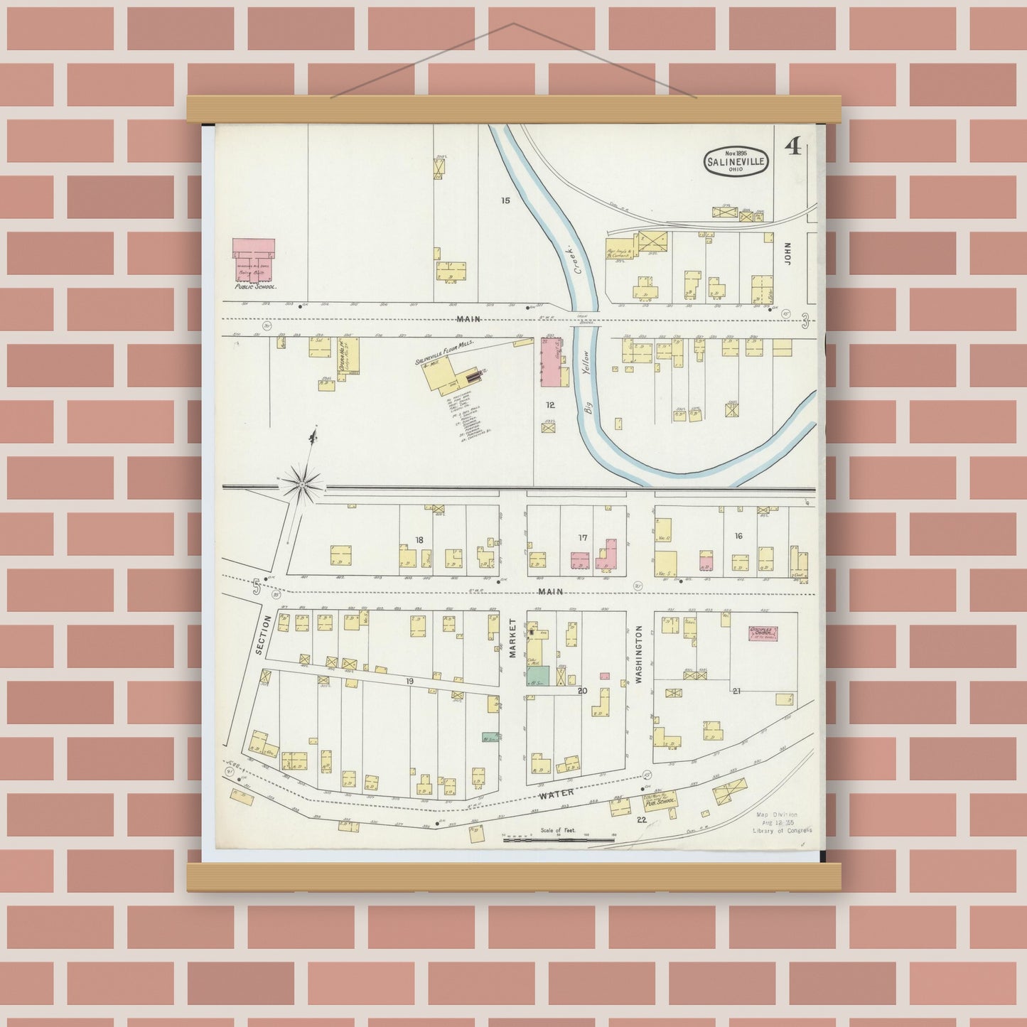 Old map wall art mockup — magnetic wood frame on brick wall — Sanborn Fire Insurance Map from Salineville, Columbiana County, Ohio (1895), Sheet #0004