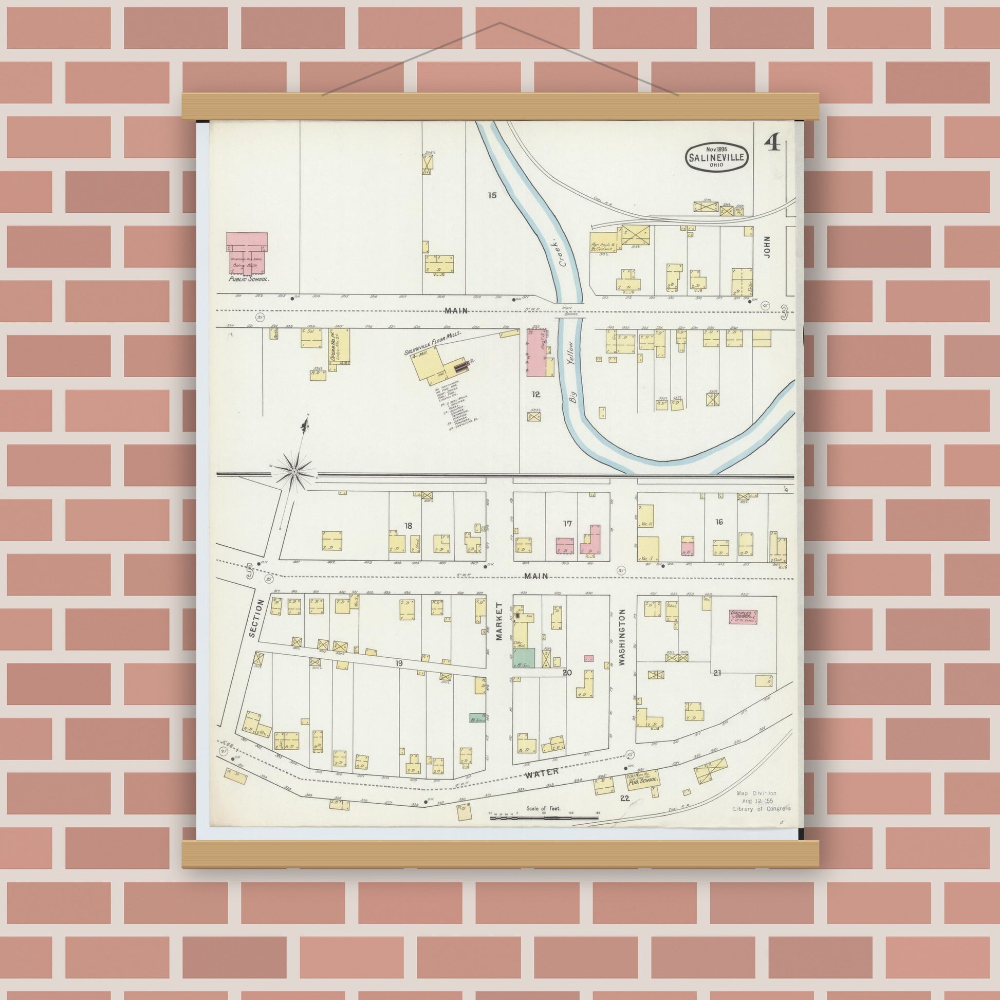Old map wall art mockup — magnetic wood frame on brick wall — Sanborn Fire Insurance Map from Salineville, Columbiana County, Ohio (1895), Sheet #0004