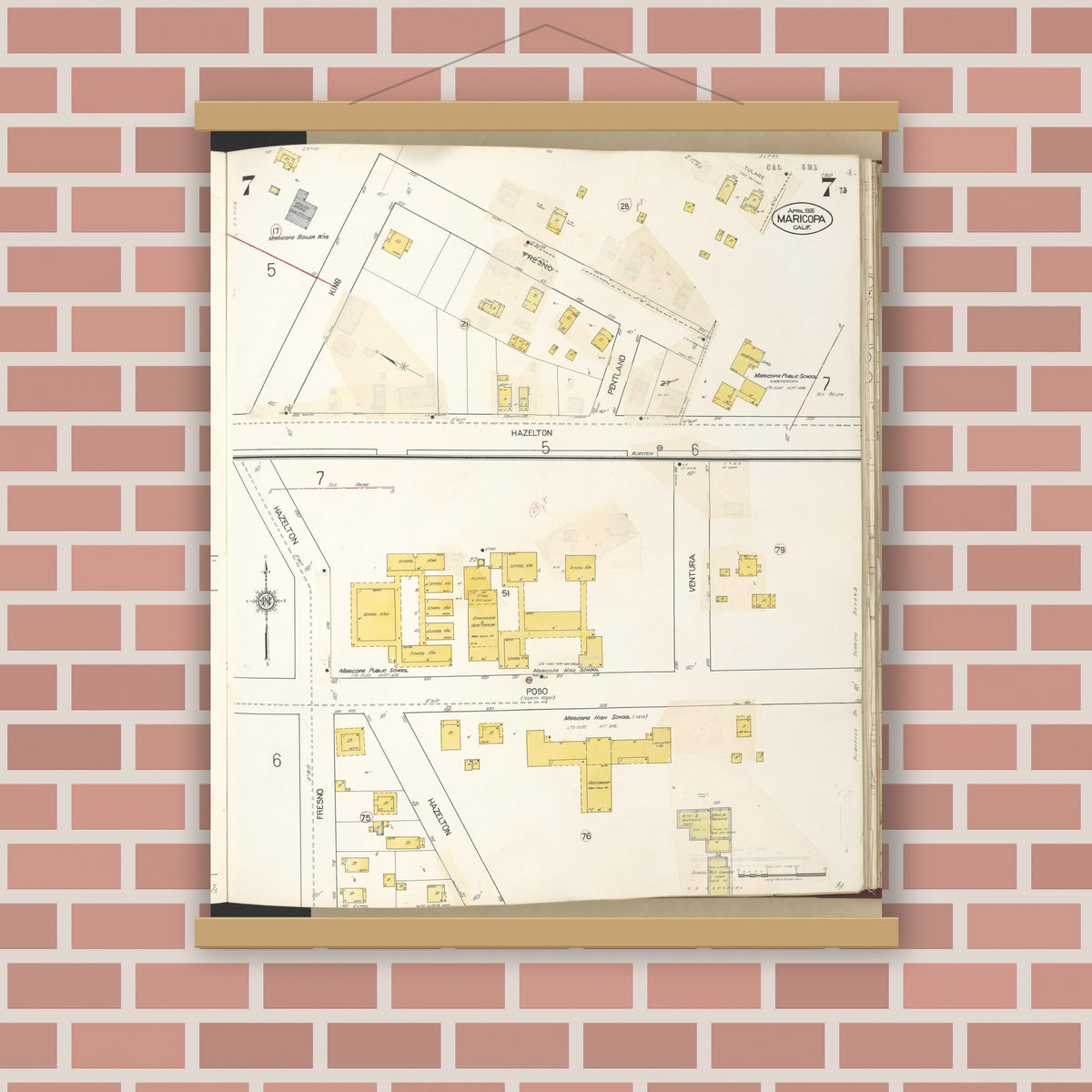 Old map wall art mockup — magnetic wood frame on brick wall — Sanborn Fire Insurance Map from Maricopa, Kern County, California (1942), Sheet #0007