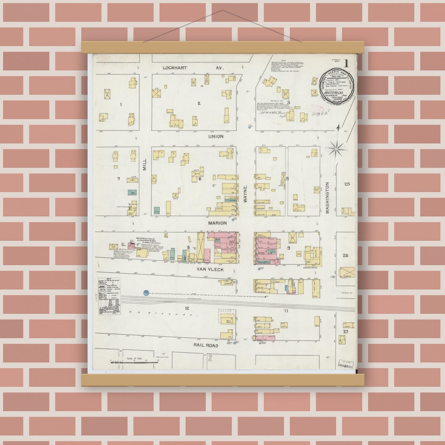 Old map wall art mockup — magnetic wood frame on brick wall — Sanborn Fire Insurance Map from Waterloo, De Kalb County, Indiana (1892) - Complete Map Set