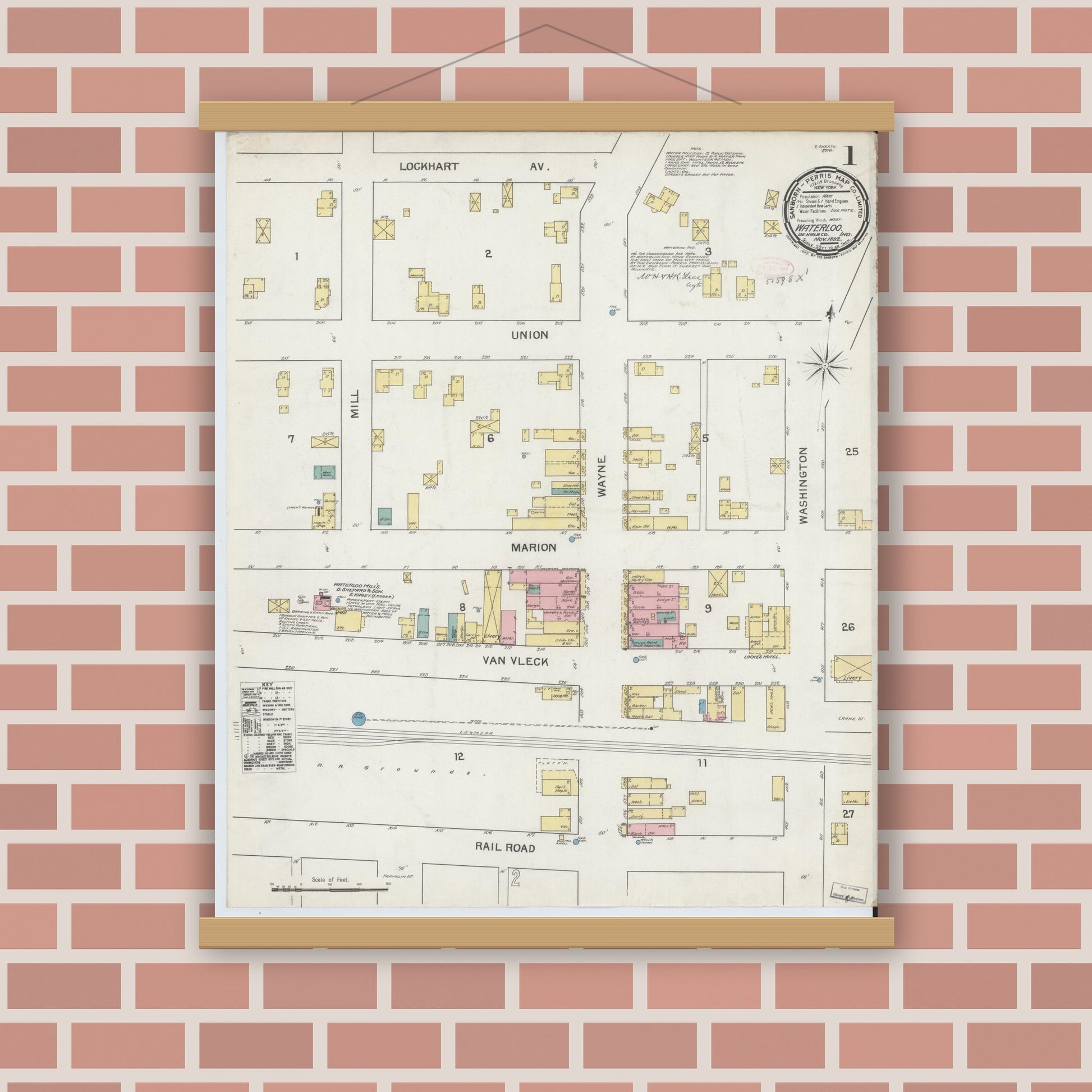 Old map wall art mockup — magnetic wood frame on brick wall — Sanborn Fire Insurance Map from Waterloo, De Kalb County, Indiana (1892) - Complete Map Set