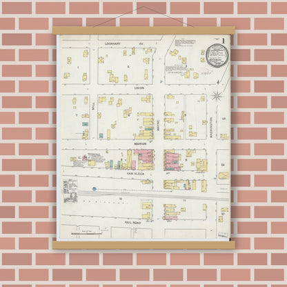 Old map wall art mockup — magnetic wood frame on brick wall — Sanborn Fire Insurance Map from Waterloo, De Kalb County, Indiana (1892) - Complete Map Set