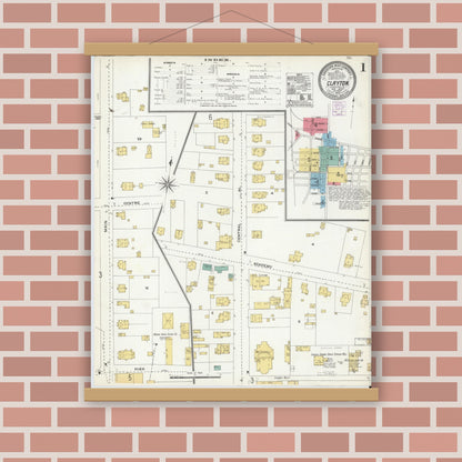 Old map wall art mockup — magnetic wood frame on brick wall — Sanborn Fire Insurance Map from Clayton, Gloucester County, New Jersey (1905) - Complete Map Set