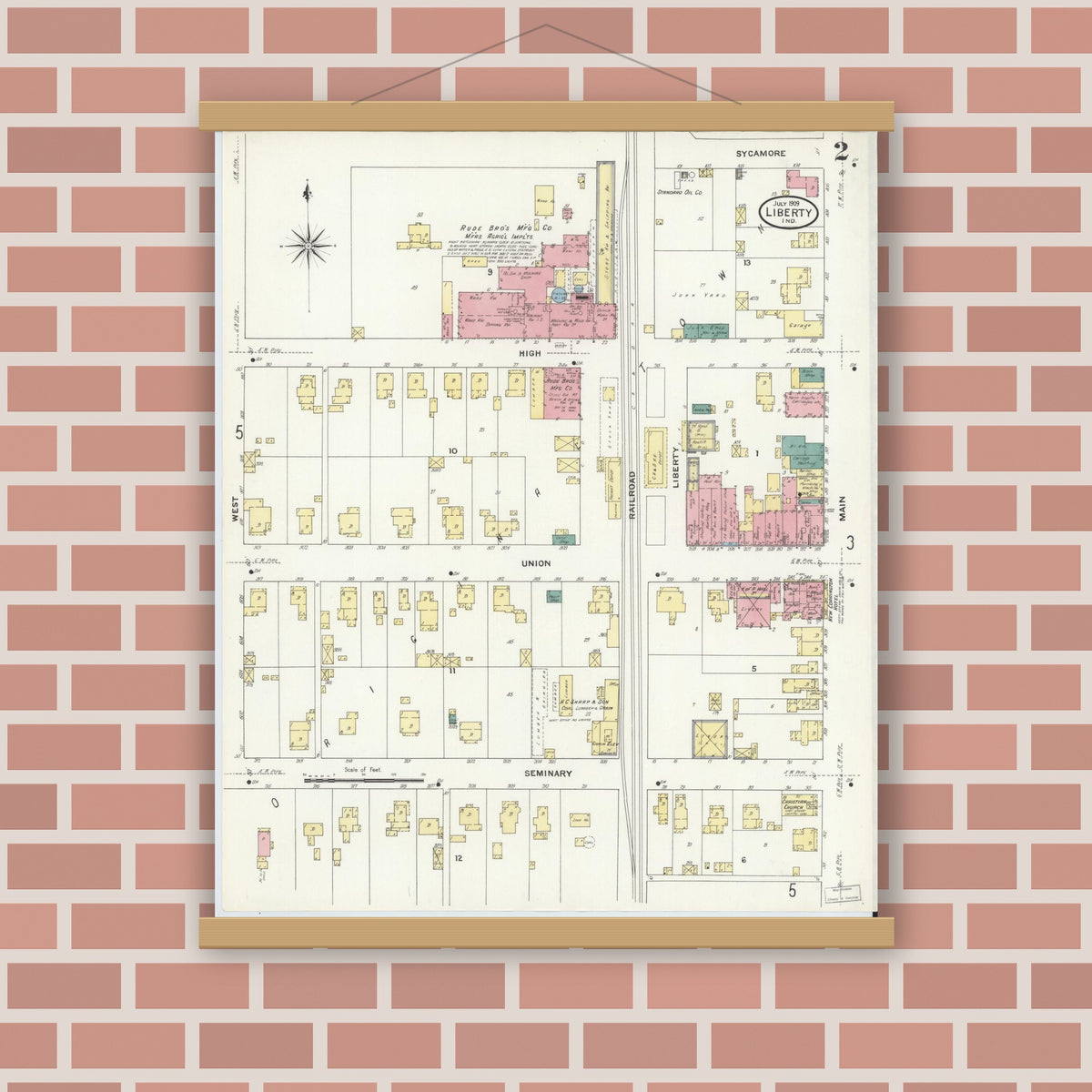 Old map wall art mockup — magnetic wood frame on brick wall — Sanborn Fire Insurance Map from Liberty, Union County, Indiana (1909), Sheet #0002