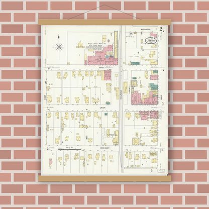 Old map wall art mockup — magnetic wood frame on brick wall — Sanborn Fire Insurance Map from Liberty, Union County, Indiana (1909), Sheet #0002