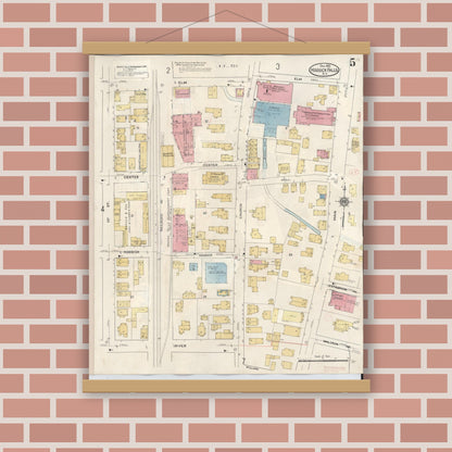 Old map wall art mockup — magnetic wood frame on brick wall — Sanborn Fire Insurance Map from Hoosick Falls, Rensselaer County, New York (1945), Sheet #0005