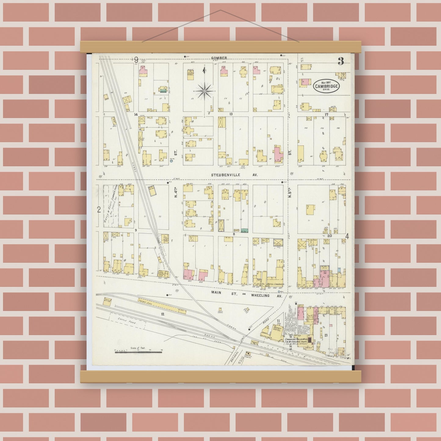 Old map wall art mockup — magnetic wood frame on brick wall — Sanborn Fire Insurance Map from Cambridge, Guernsey County, Ohio (1897), Sheet #0003