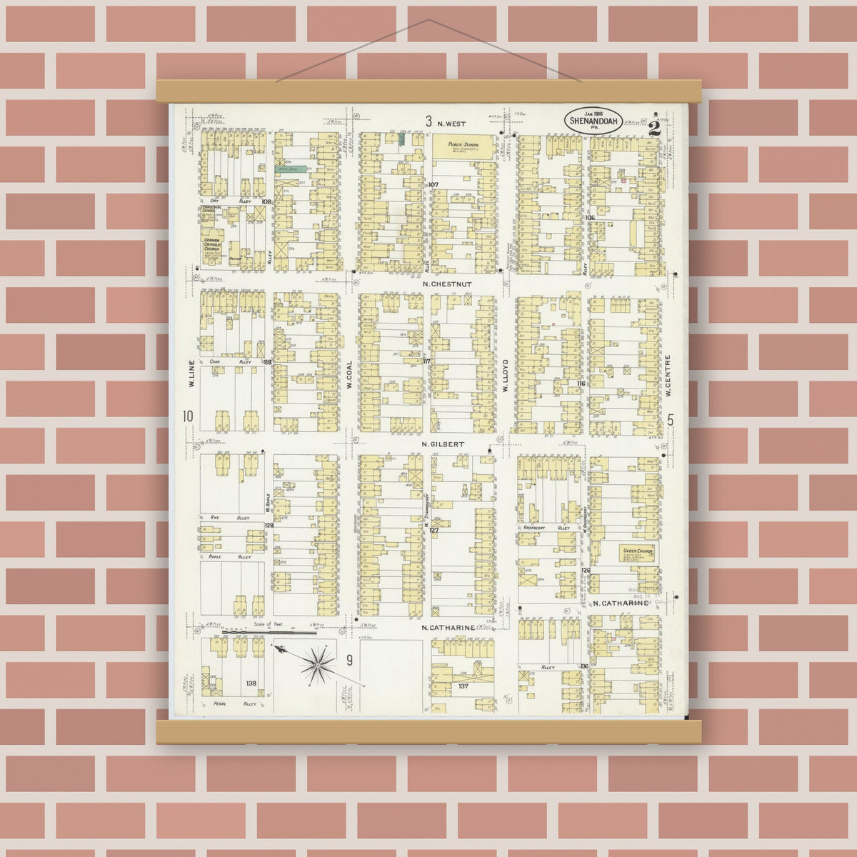Old map wall art mockup — magnetic wood frame on brick wall — Sanborn Fire Insurance Map from Shenandoah, Schuylkill County, Pennsylvania (1908), Sheet #0002
