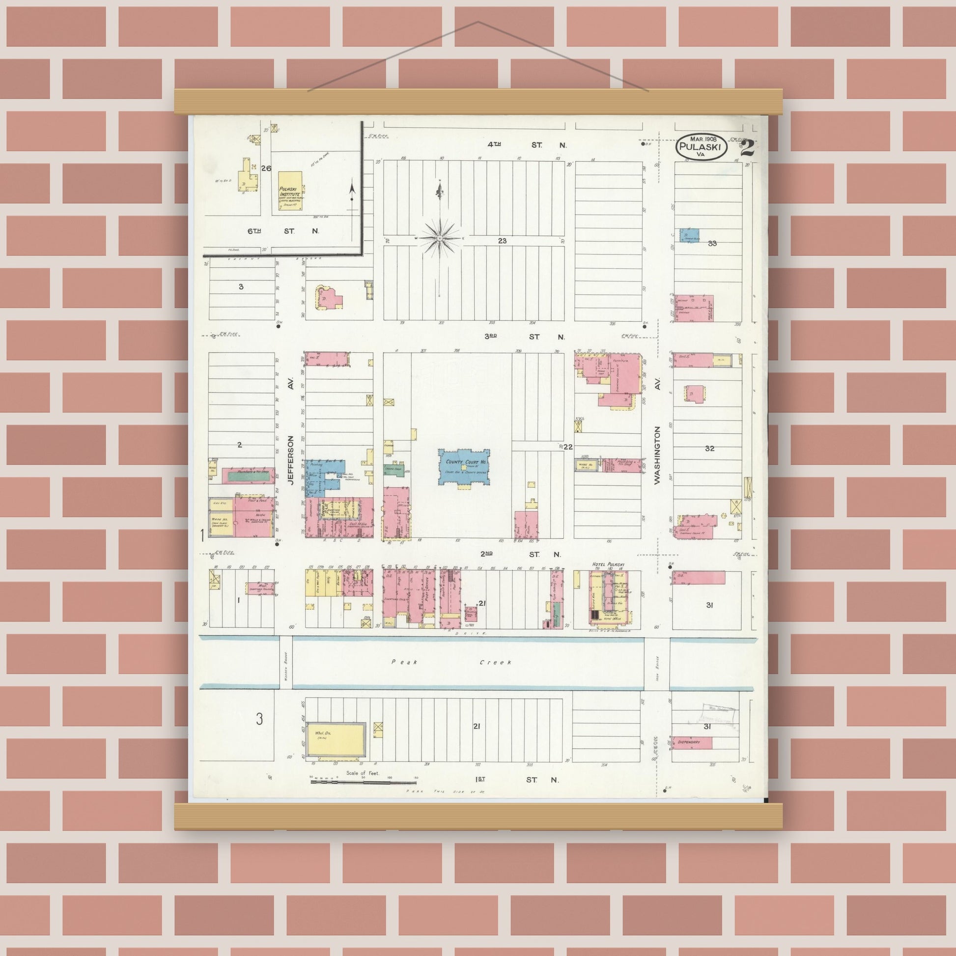 Old map wall art mockup — magnetic wood frame on brick wall — Sanborn Fire Insurance Map from Pulaski, Pulaski County, Virginia (1908), Sheet #0002