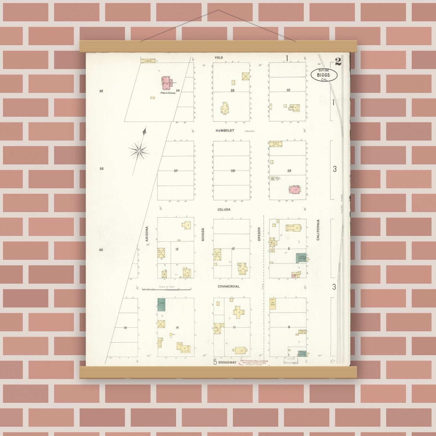 Old map wall art mockup — magnetic wood frame on brick wall — Sanborn Fire Insurance Map from Biggs, Butte County, California (1902), Sheet #0002
