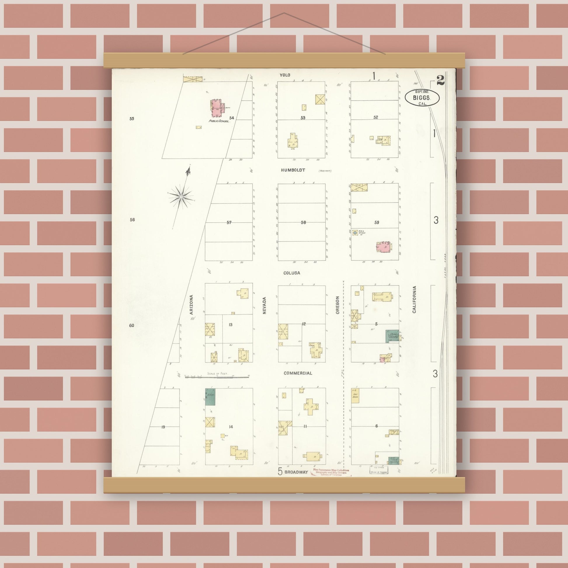 Old map wall art mockup — magnetic wood frame on brick wall — Sanborn Fire Insurance Map from Biggs, Butte County, California (1902), Sheet #0002