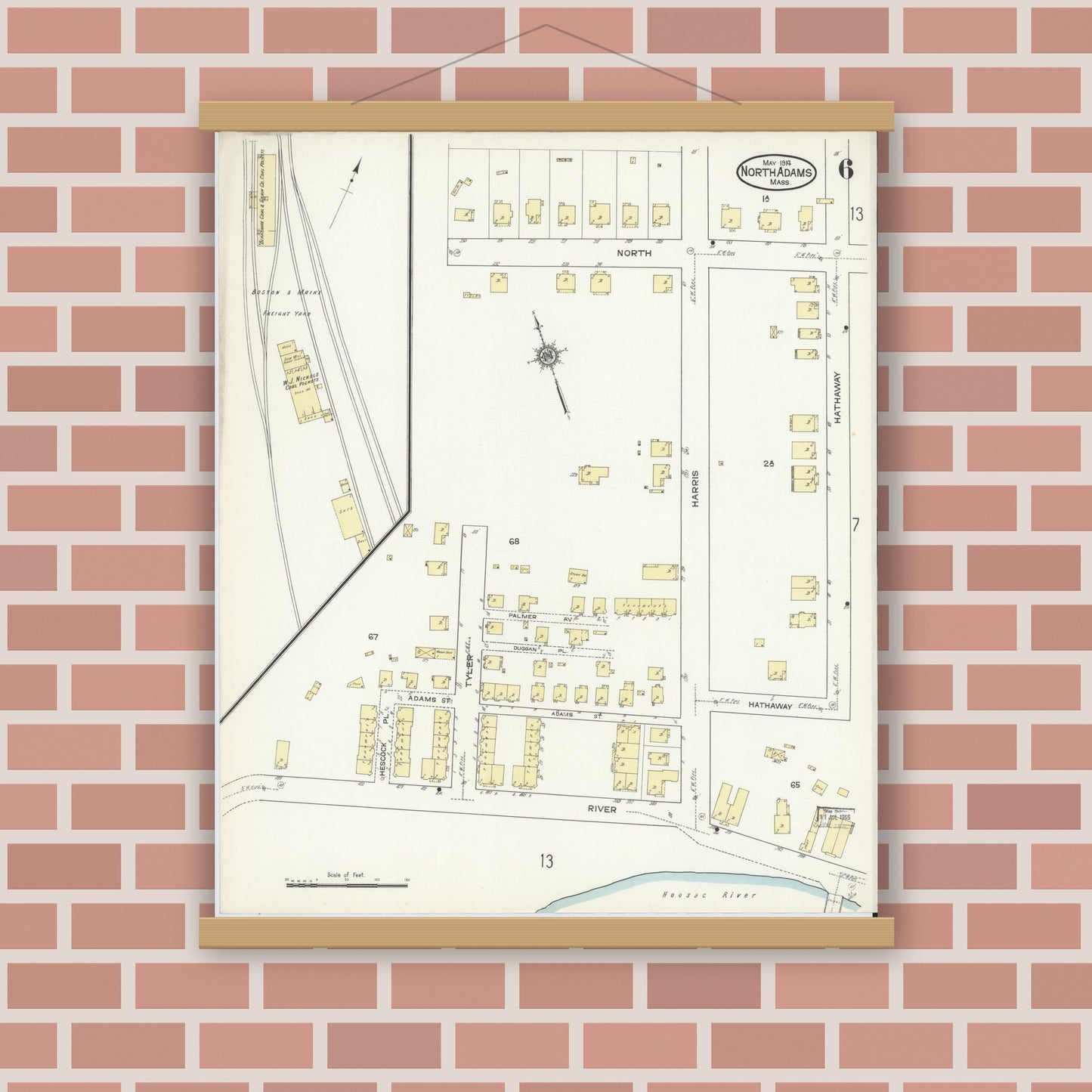 Old map wall art mockup — magnetic wood frame on brick wall — Sanborn Fire Insurance Map from North Adams, Berkshire County, Massachusetts (1914), Sheet #0006