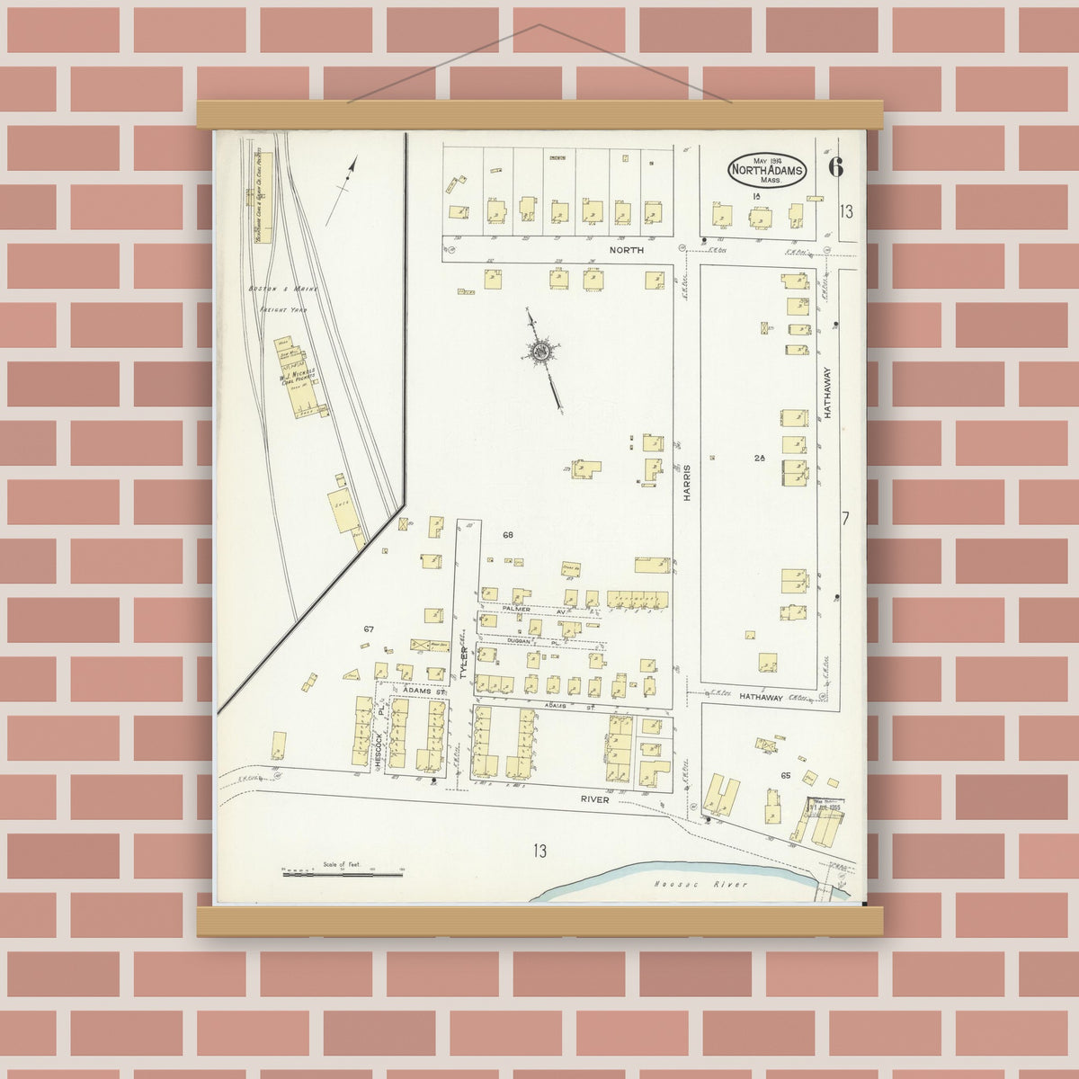 Old map wall art mockup — magnetic wood frame on brick wall — Sanborn Fire Insurance Map from North Adams, Berkshire County, Massachusetts (1914), Sheet #0006