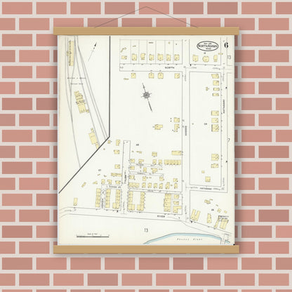 Old map wall art mockup — magnetic wood frame on brick wall — Sanborn Fire Insurance Map from North Adams, Berkshire County, Massachusetts (1914), Sheet #0006