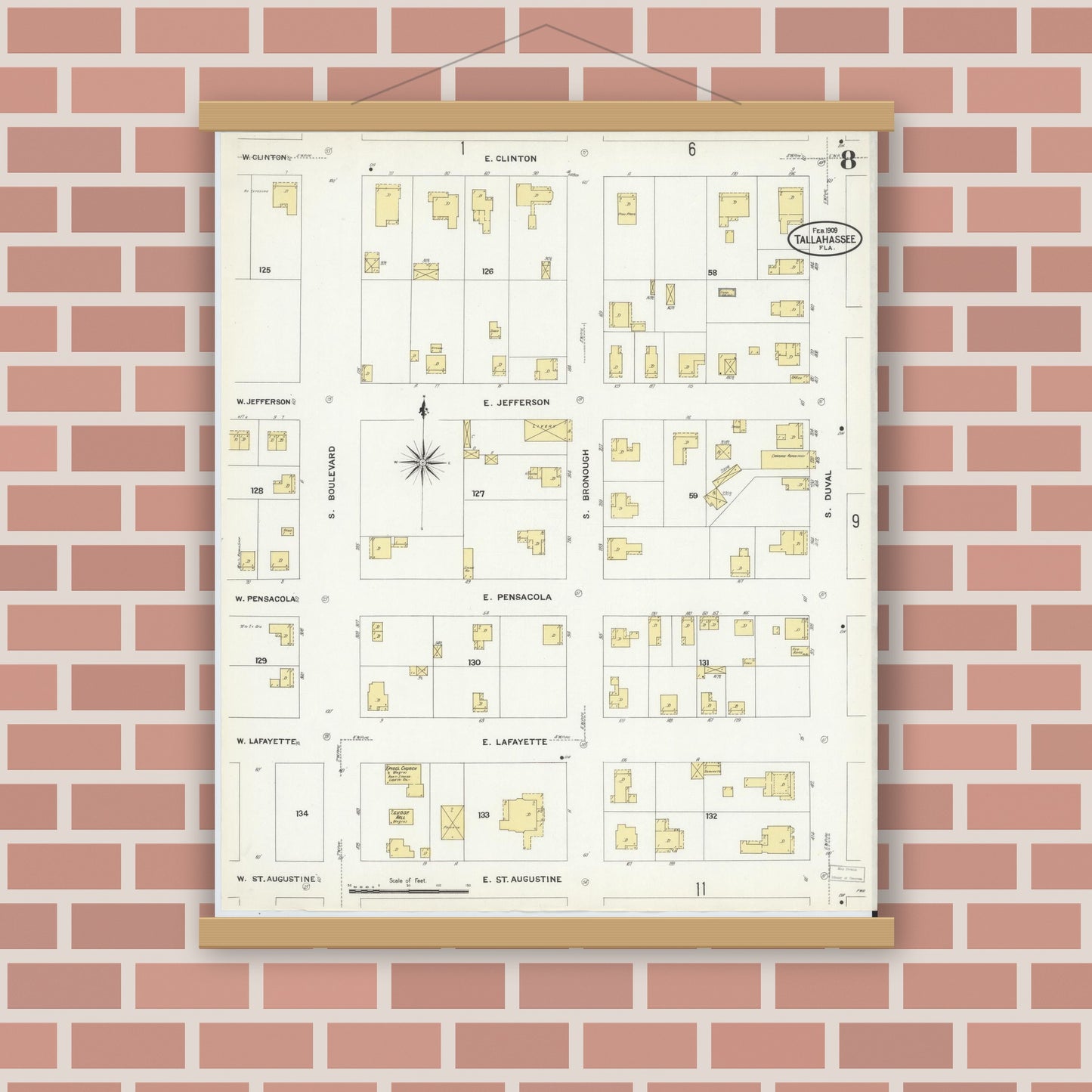 Old map wall art mockup — magnetic wood frame on brick wall — Sanborn Fire Insurance Map from Tallahassee, Leon County, Florida (1909), Sheet #0008