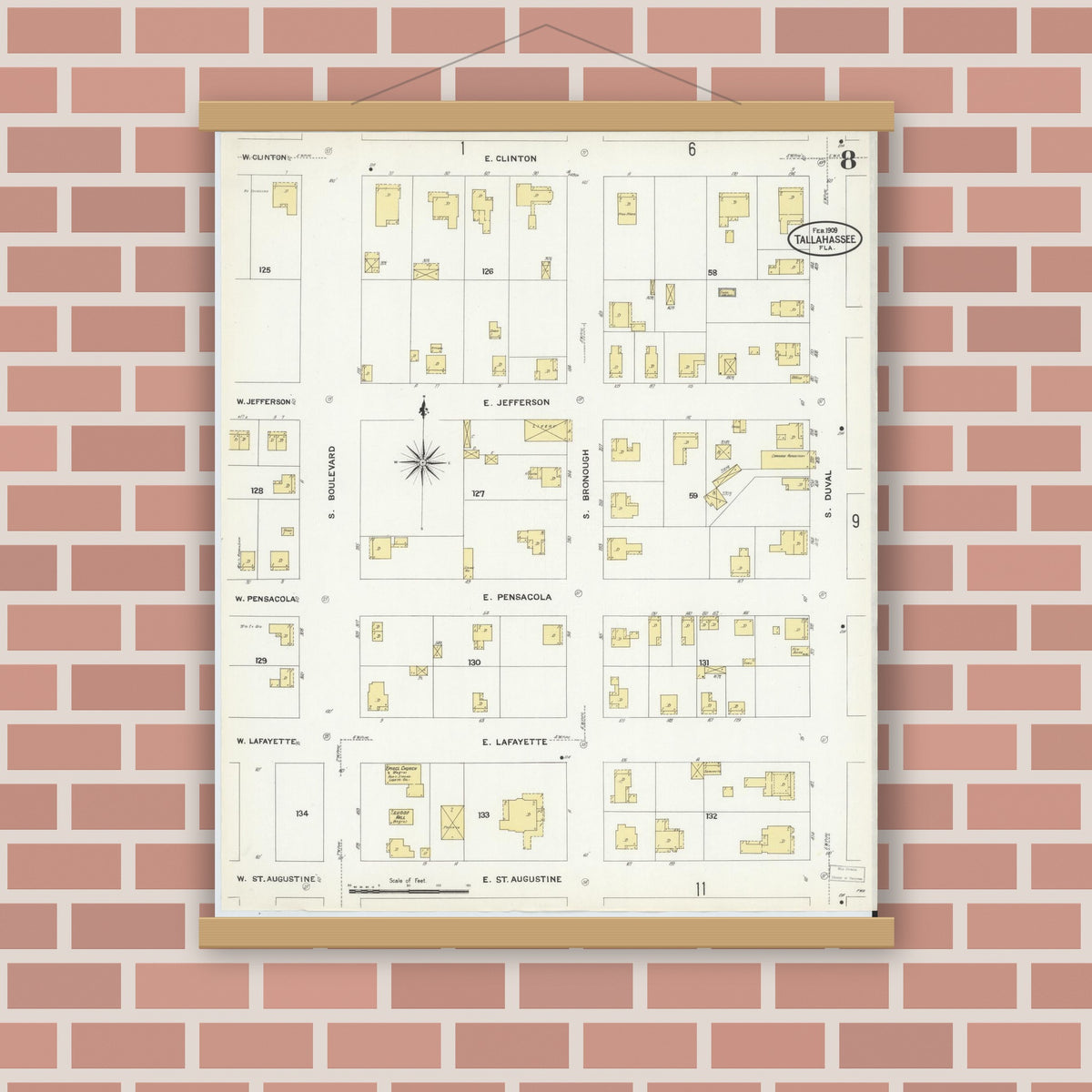 Old map wall art mockup — magnetic wood frame on brick wall — Sanborn Fire Insurance Map from Tallahassee, Leon County, Florida (1909), Sheet #0008