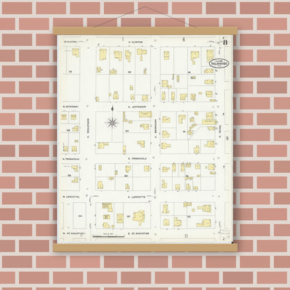 Old map wall art mockup — magnetic wood frame on brick wall — Sanborn Fire Insurance Map from Tallahassee, Leon County, Florida (1909), Sheet #0008