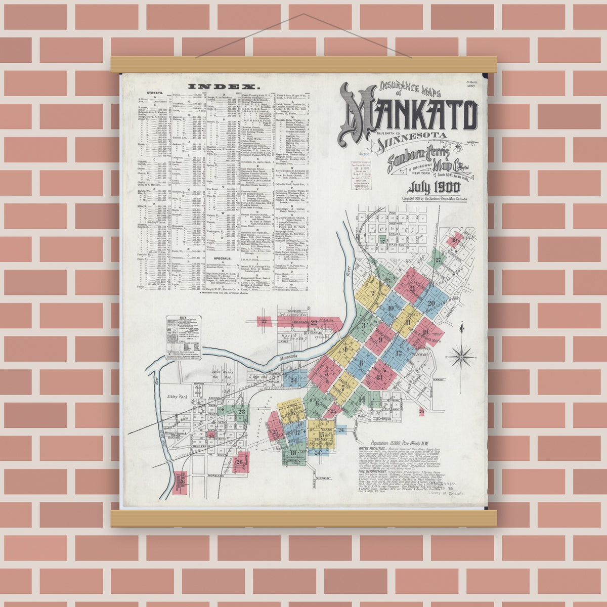 Old map wall art mockup — magnetic wood frame on brick wall — Sanborn Fire Insurance Map from Mankato, Blue Earth County, Minnesota (1900) - Complete Map Set