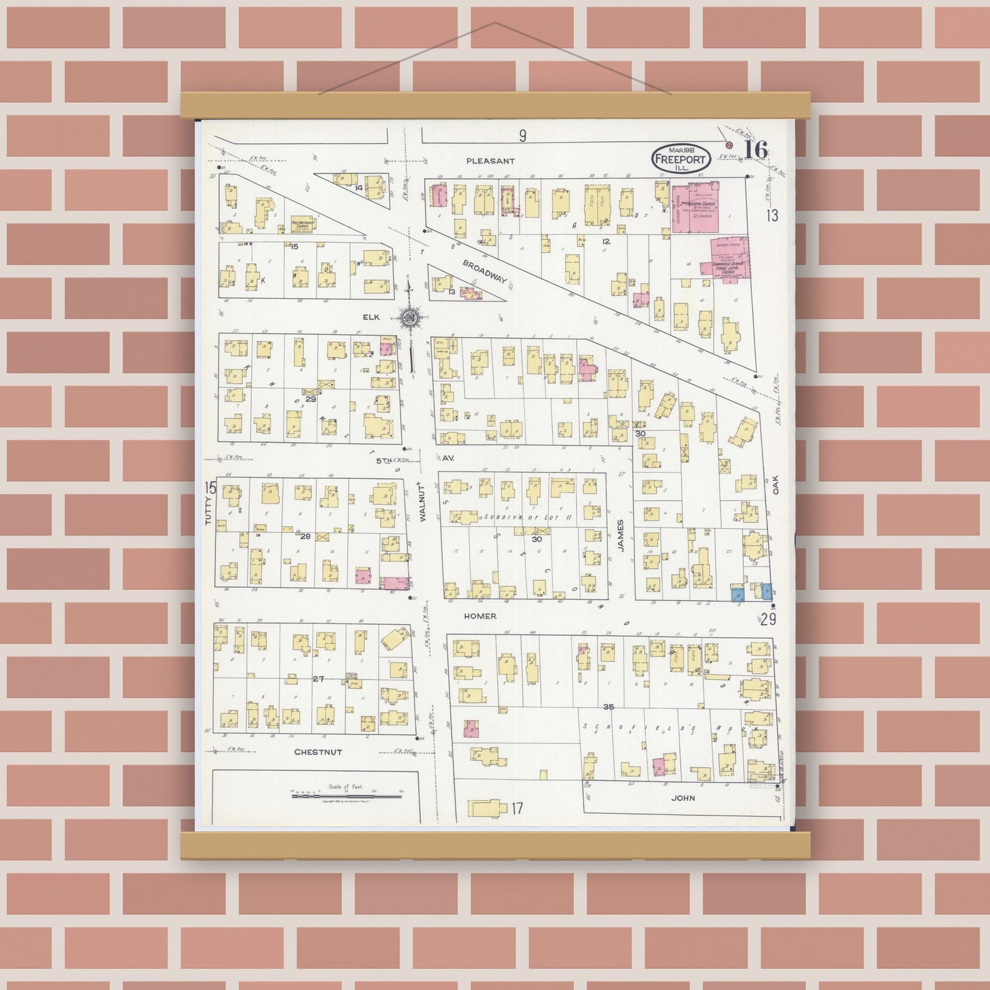 Old map wall art mockup — magnetic wood frame on brick wall — Sanborn Fire Insurance Map from Freeport, Stephenson County, Illinois (1918), Sheet #0016