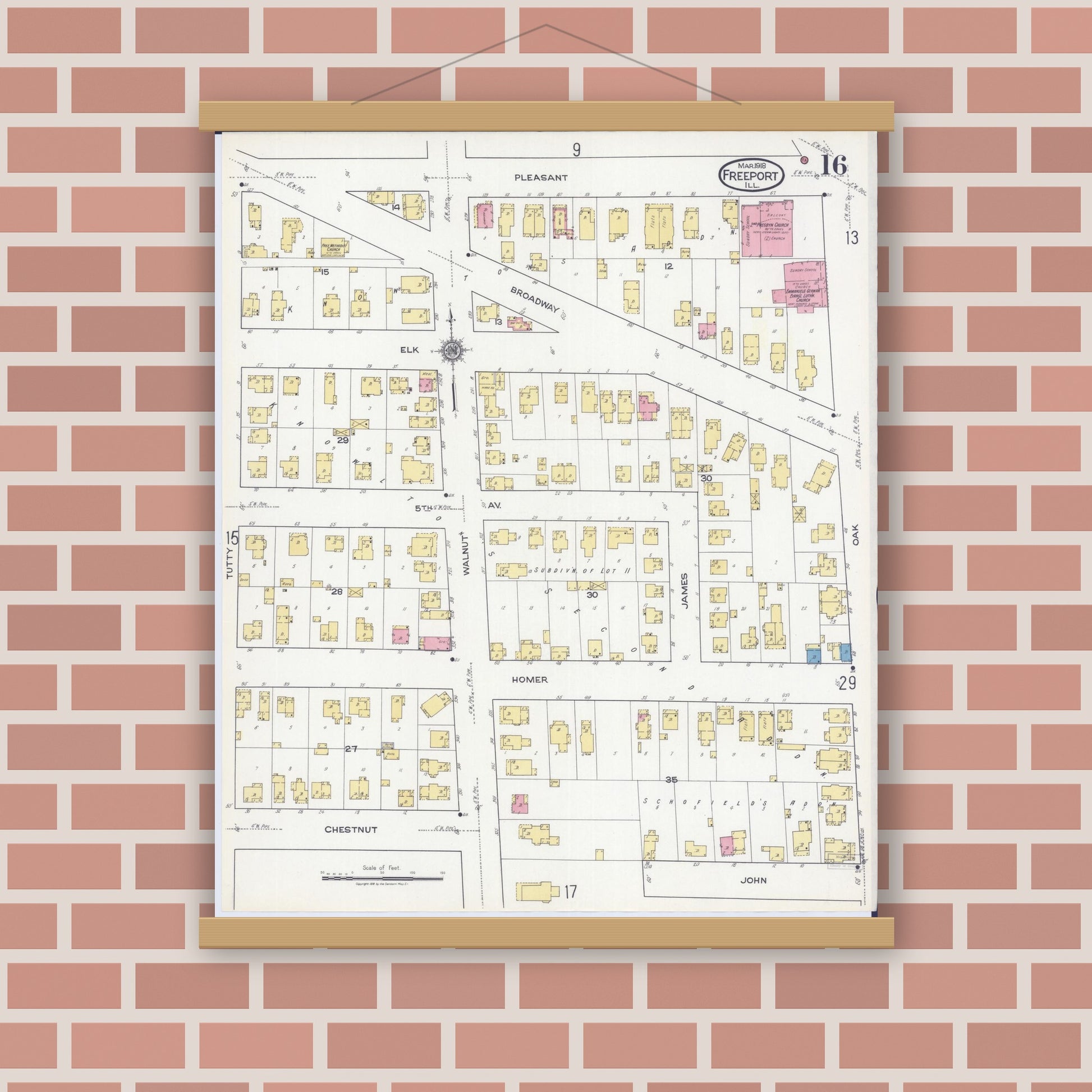 Old map wall art mockup — magnetic wood frame on brick wall — Sanborn Fire Insurance Map from Freeport, Stephenson County, Illinois (1918), Sheet #0016
