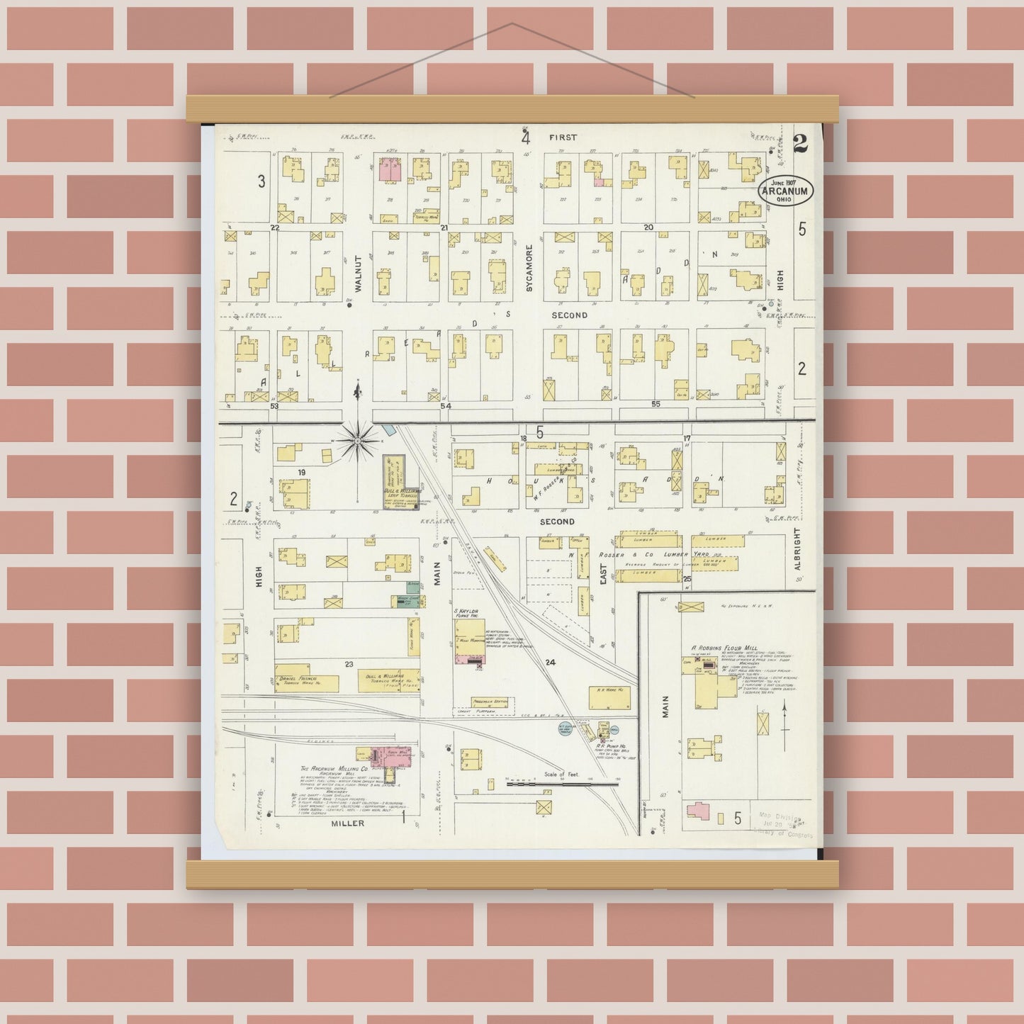 Old map wall art mockup — magnetic wood frame on brick wall — Sanborn Fire Insurance Map from Arcanum, Darke County, Ohio (1907), Sheet #0002