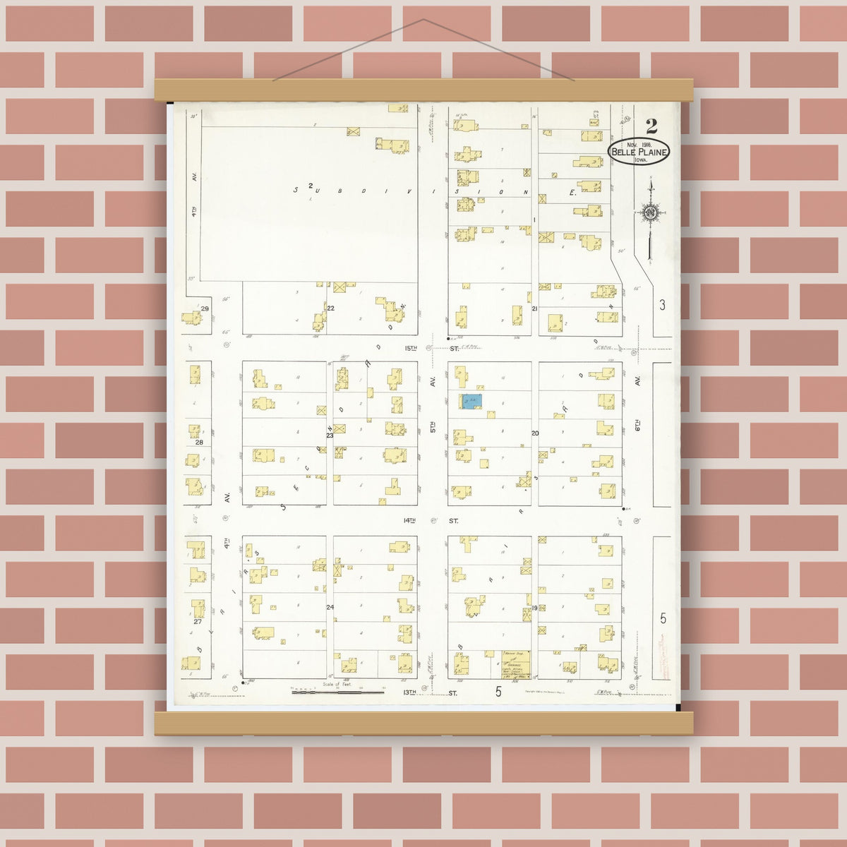 Old map wall art mockup — magnetic wood frame on brick wall — Sanborn Fire Insurance Map from Belle Plaine, Benton County, Iowa (1916), Sheet #0002