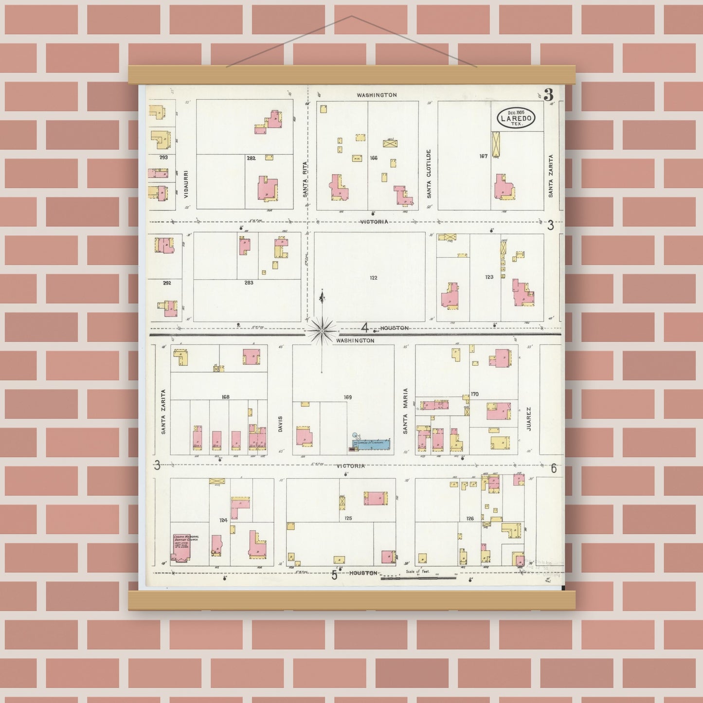 Old map wall art mockup — magnetic wood frame on brick wall — Sanborn Fire Insurance Map from Laredo, Webb County, Texas (1905), Sheet #0003
