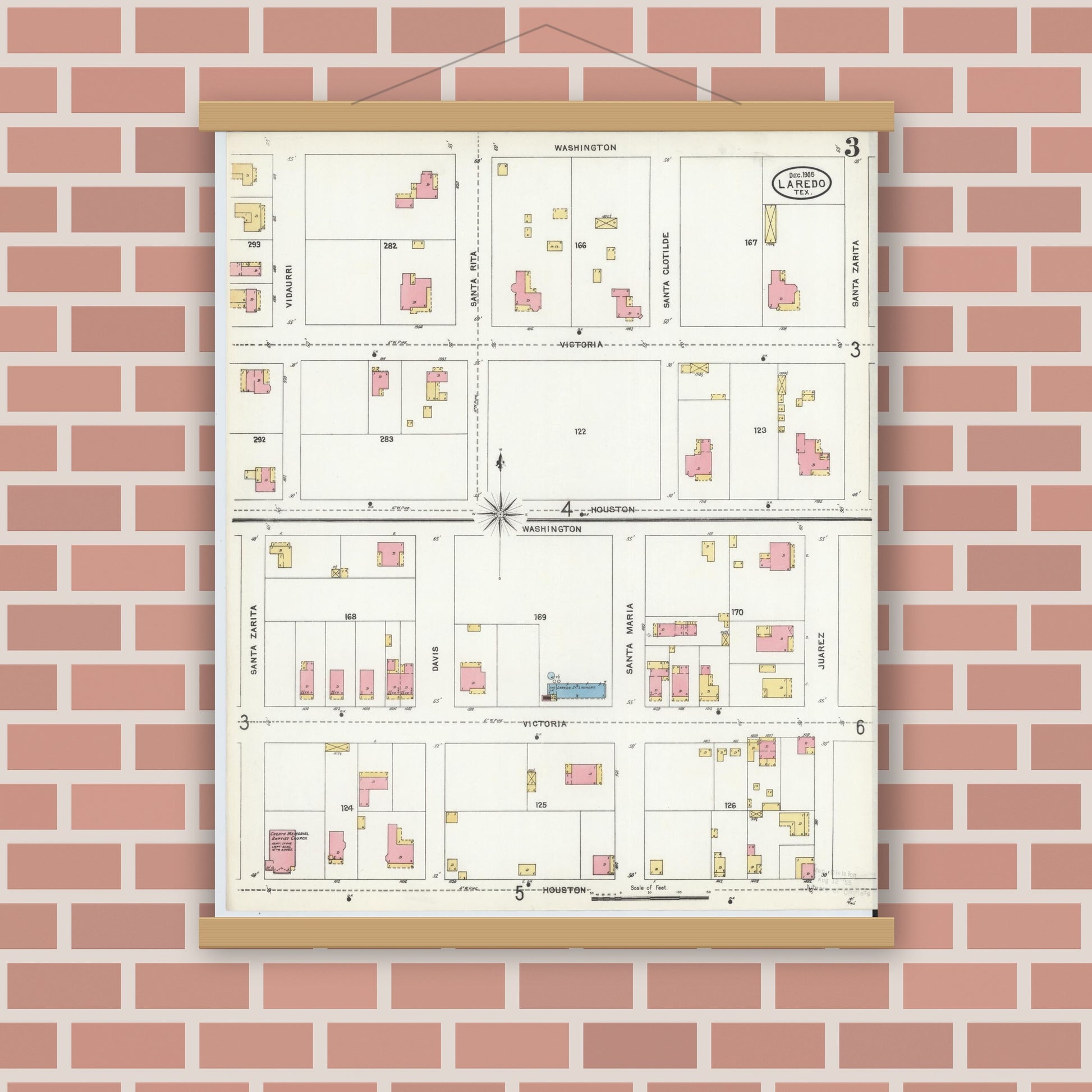 Old map wall art mockup — magnetic wood frame on brick wall — Sanborn Fire Insurance Map from Laredo, Webb County, Texas (1905), Sheet #0003