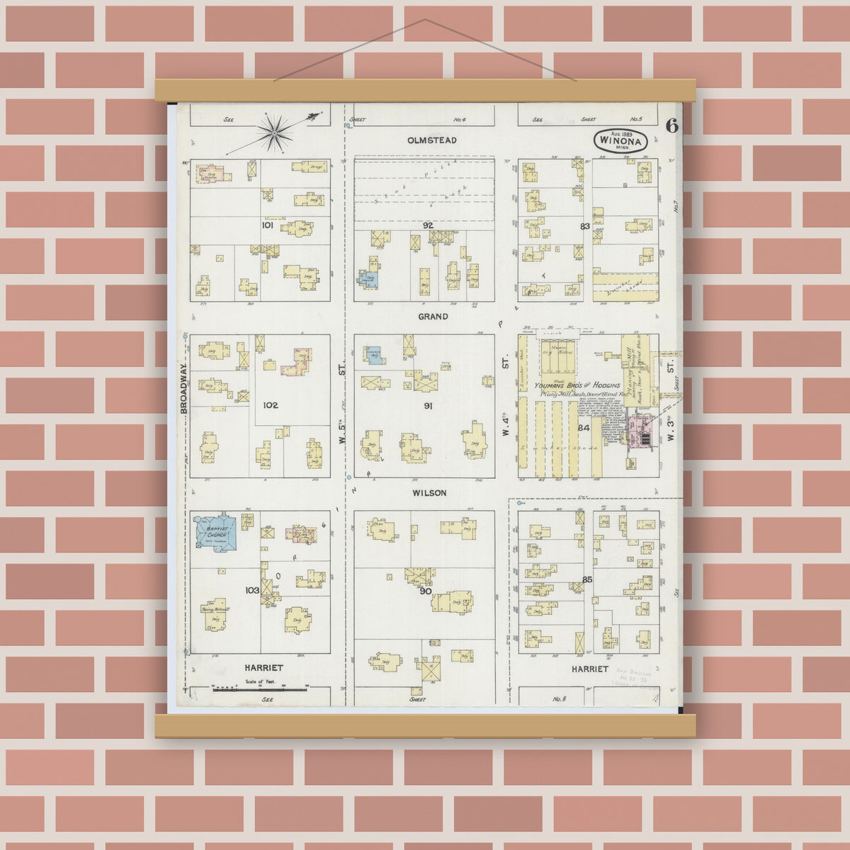 Old map wall art mockup — magnetic wood frame on brick wall — Sanborn Fire Insurance Map from Winona, Winona County, Minnesota (1889), Sheet #0006