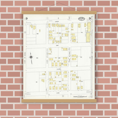 Old map wall art mockup — magnetic wood frame on brick wall — Sanborn Fire Insurance Map from Palatka, Putnam County, Florida (1924), Sheet #0009