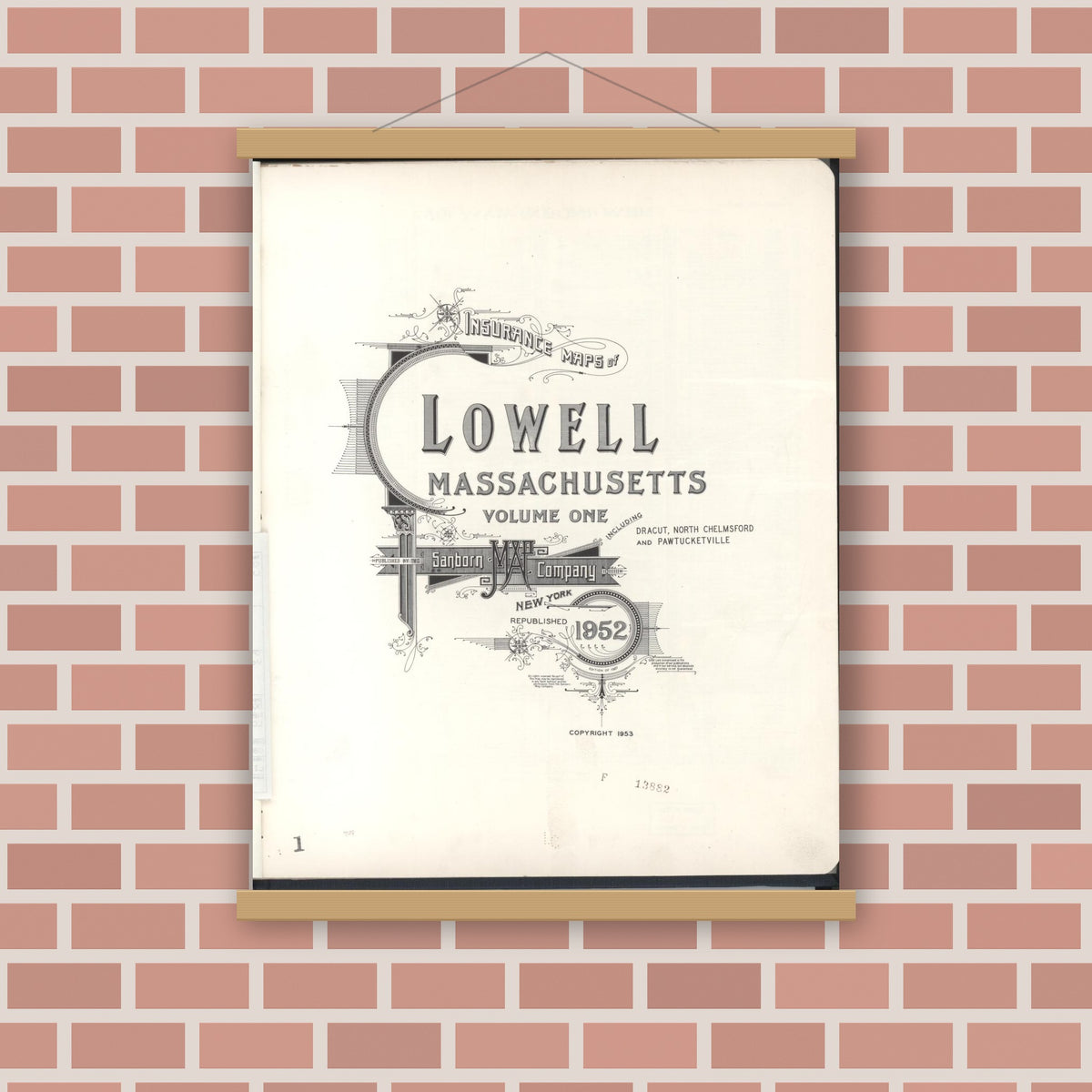 Old map wall art mockup — magnetic wood frame on brick wall — Sanborn Fire Insurance Map from Lowell, Middlesex County, Massachusetts (1952), Sheet #0001