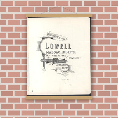 Old map wall art mockup — magnetic wood frame on brick wall — Sanborn Fire Insurance Map from Lowell, Middlesex County, Massachusetts (1952), Sheet #0001