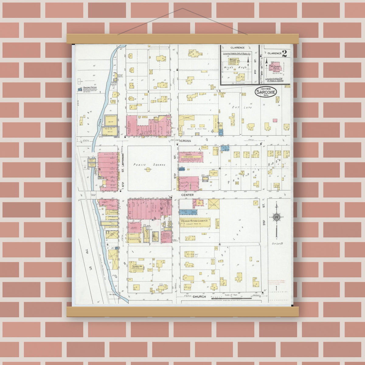 Old map wall art mockup — magnetic wood frame on brick wall — Sanborn Fire Insurance Map from Sarcoxie, Jasper County, Missouri (1918), Sheet #0002