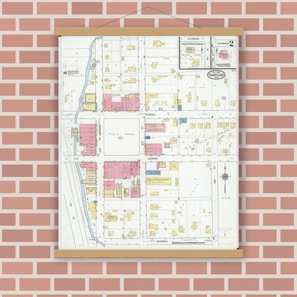Old map wall art mockup — magnetic wood frame on brick wall — Sanborn Fire Insurance Map from Sarcoxie, Jasper County, Missouri (1918), Sheet #0002