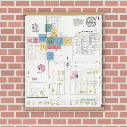 Old map wall art mockup — magnetic wood frame on brick wall — Sanborn Fire Insurance Map from Hoopeston, Vermilion County, Illinois (1906), Sheet #0001