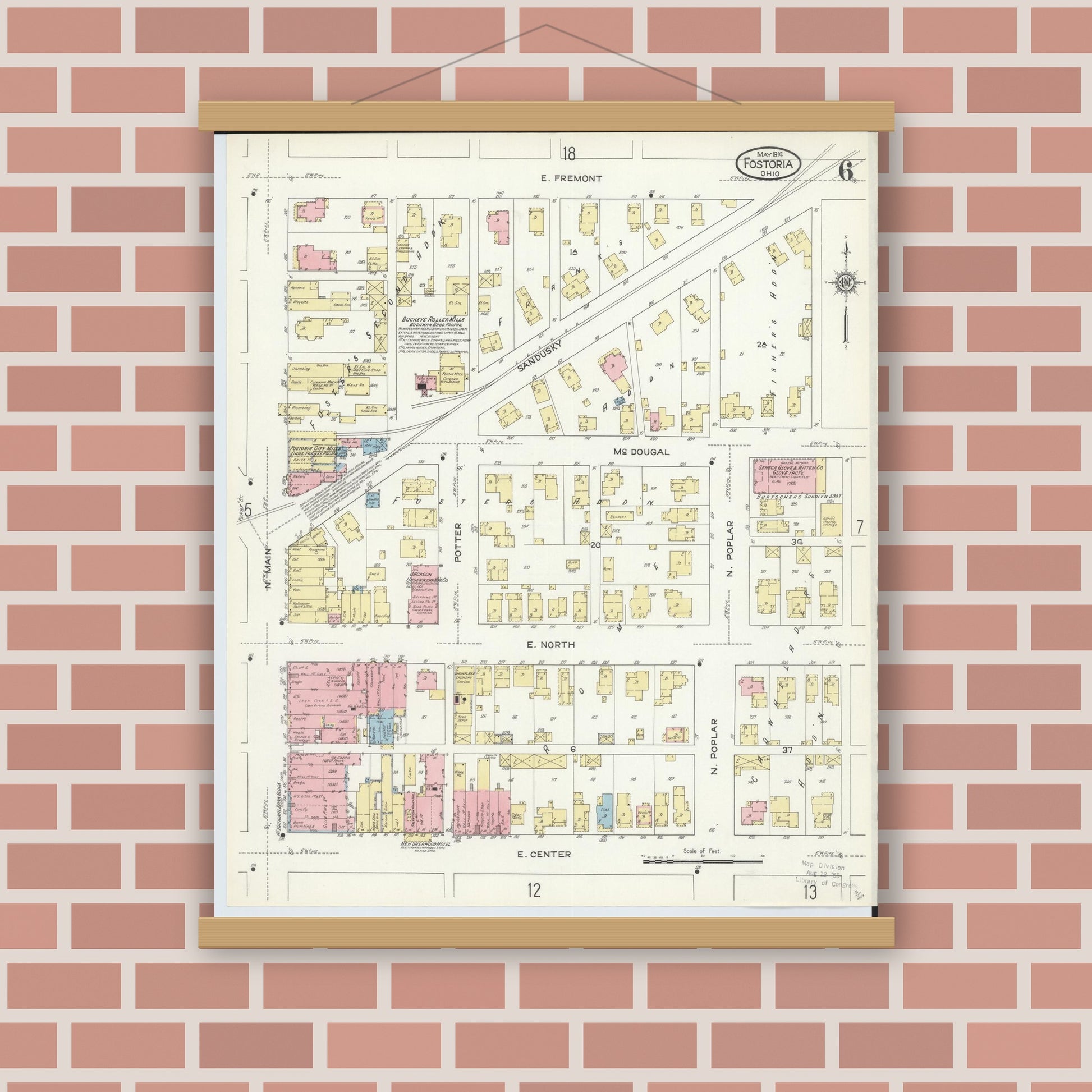 Old map wall art mockup — magnetic wood frame on brick wall — Sanborn Fire Insurance Map from Fostoria, Seneca, Hancock, And Wood Counties, Ohio (1914), Sheet #0006