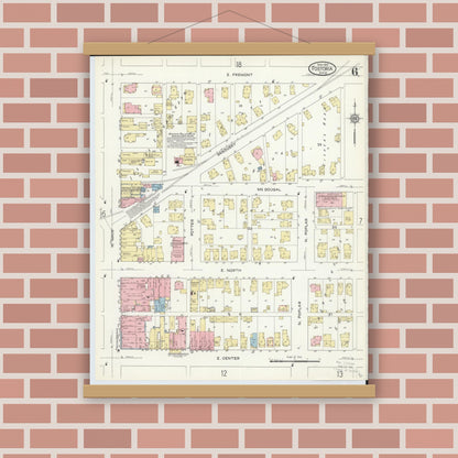 Old map wall art mockup — magnetic wood frame on brick wall — Sanborn Fire Insurance Map from Fostoria, Seneca, Hancock, And Wood Counties, Ohio (1914), Sheet #0006