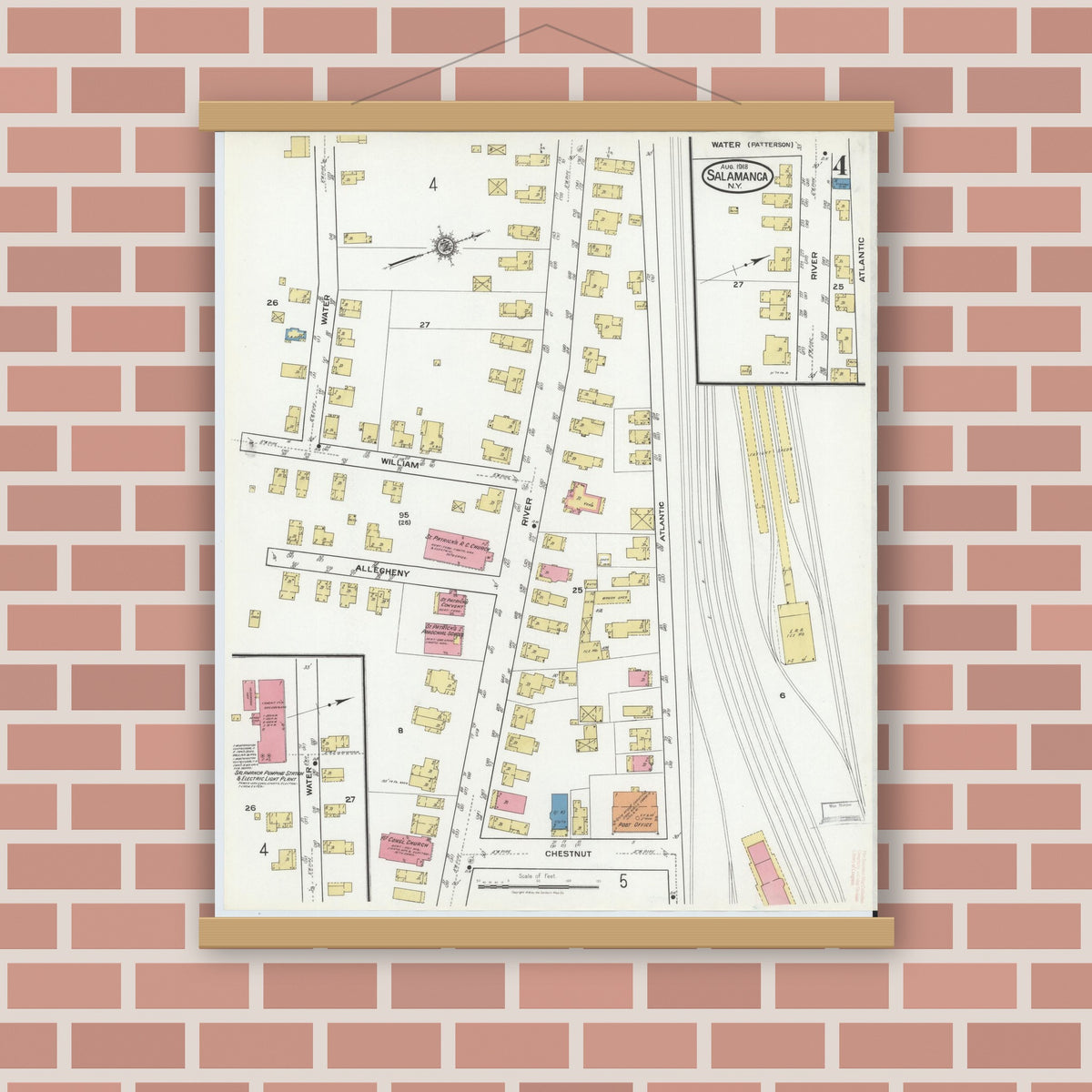Old map wall art mockup — magnetic wood frame on brick wall — Sanborn Fire Insurance Map from Salamanca, Cattaraugus County, New York (1918), Sheet #0004