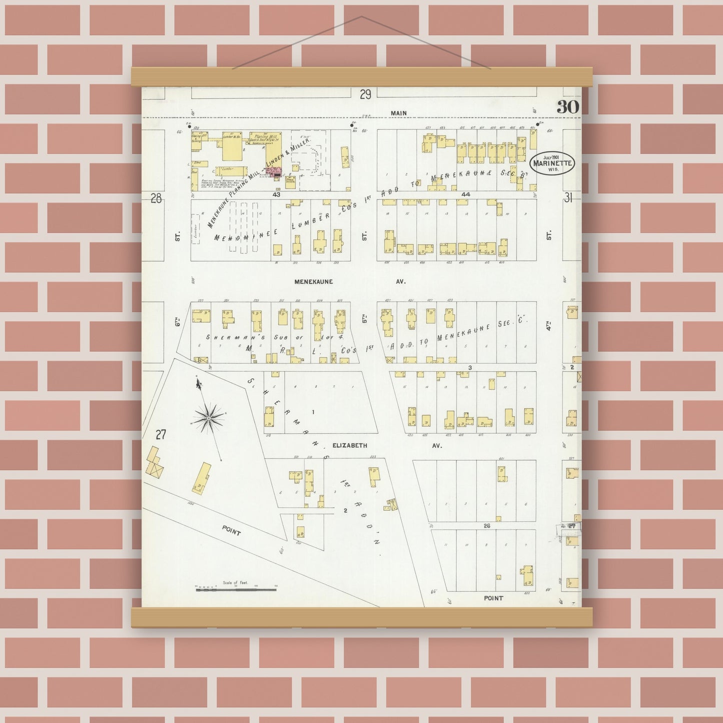 Old map wall art mockup — magnetic wood frame on brick wall — Sanborn Fire Insurance Map from Marinette, Marinette County, Wisconsin (1901), Sheet #0030