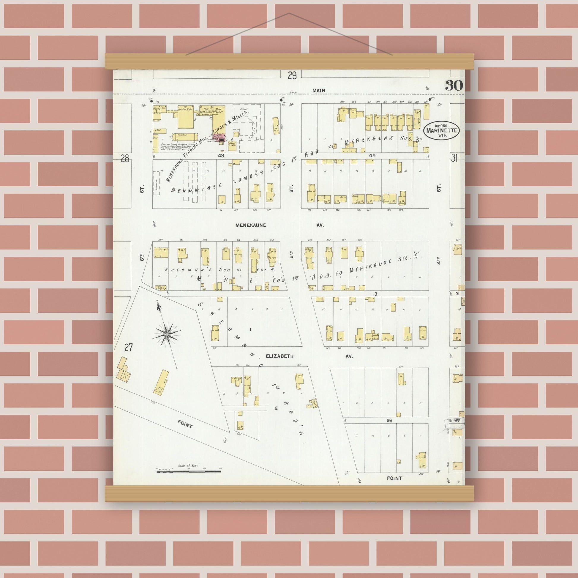 Old map wall art mockup — magnetic wood frame on brick wall — Sanborn Fire Insurance Map from Marinette, Marinette County, Wisconsin (1901), Sheet #0030
