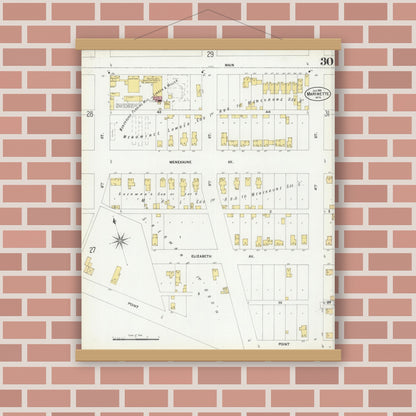 Old map wall art mockup — magnetic wood frame on brick wall — Sanborn Fire Insurance Map from Marinette, Marinette County, Wisconsin (1901), Sheet #0030