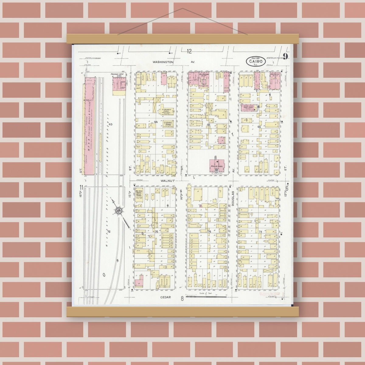Old map wall art mockup — magnetic wood frame on brick wall — Sanborn Fire Insurance Map from Cairo, Alexander County, Illinois (1914), Sheet #0009