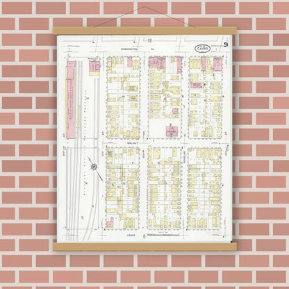 Old map wall art mockup — magnetic wood frame on brick wall — Sanborn Fire Insurance Map from Cairo, Alexander County, Illinois (1914), Sheet #0009