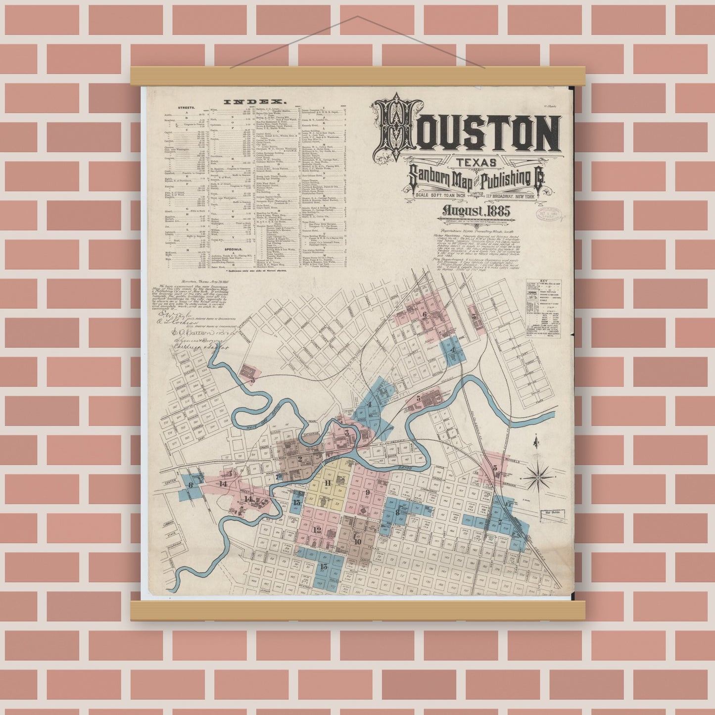 Old map wall art mockup — magnetic wood frame on brick wall — Sanborn Fire Insurance Map from Houston, Harris County, Texas (1885), Sheet #0001