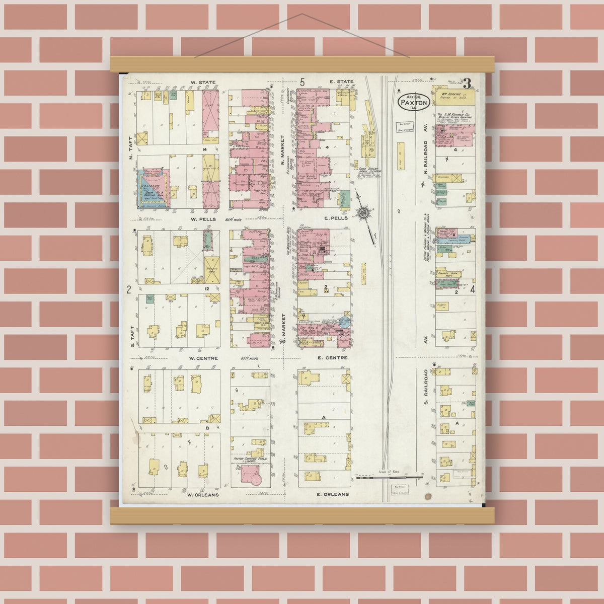 Old map wall art mockup — magnetic wood frame on brick wall — Sanborn Fire Insurance Map from Paxton, Ford County, Illinois (1910), Sheet #0003