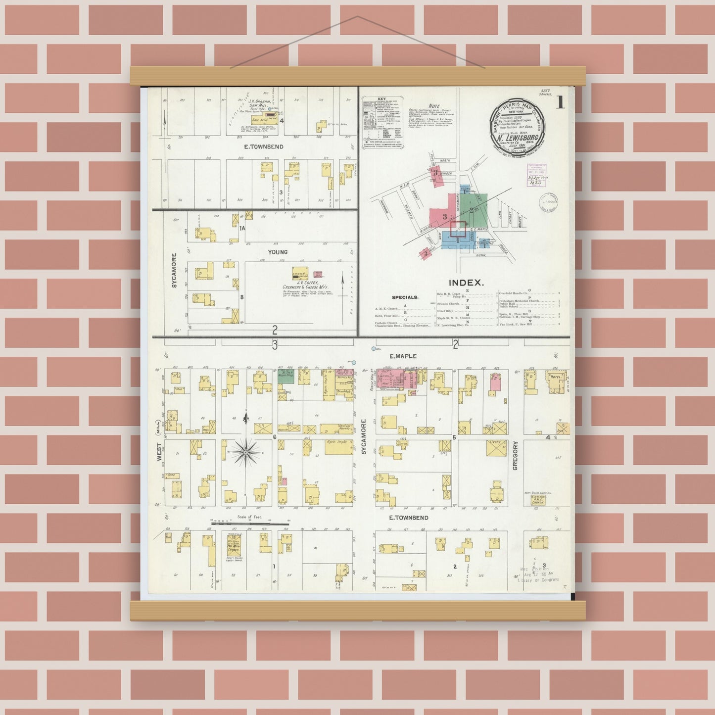 Old map wall art mockup — magnetic wood frame on brick wall — Sanborn Fire Insurance Map from North Lewisburg, Champaign County, Ohio (1901) - Complete Map Set