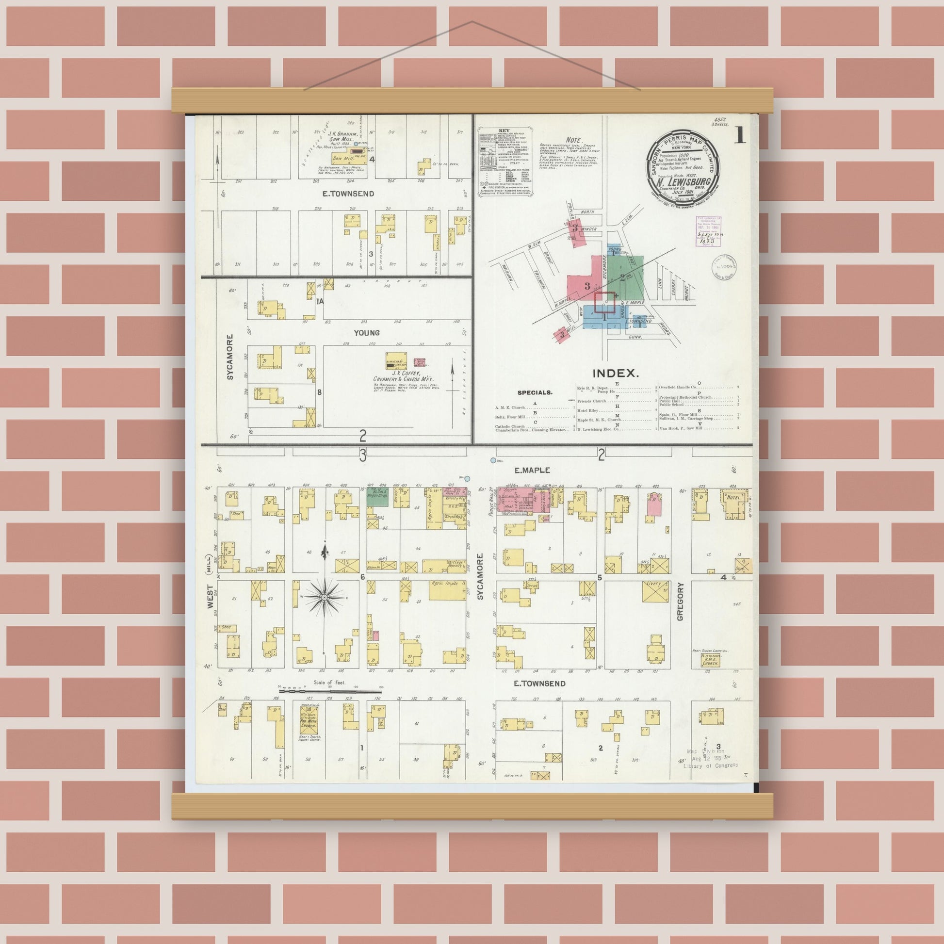 Old map wall art mockup — magnetic wood frame on brick wall — Sanborn Fire Insurance Map from North Lewisburg, Champaign County, Ohio (1901) - Complete Map Set
