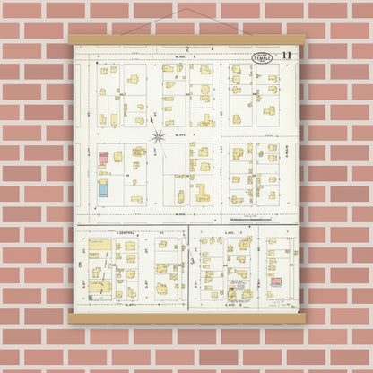 Old map wall art mockup — magnetic wood frame on brick wall — Sanborn Fire Insurance Map from Temple, Bell County, Texas (1905), Sheet #0011