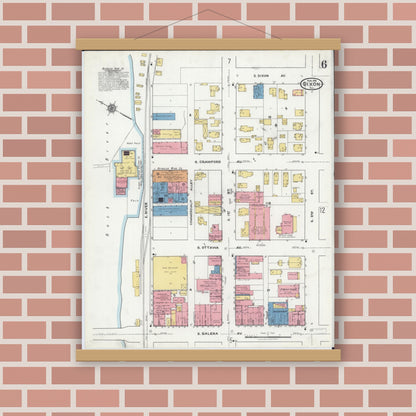Old map wall art mockup — magnetic wood frame on brick wall — Sanborn Fire Insurance Map from Dixon, Lee County, Illinois (1918), Sheet #0006